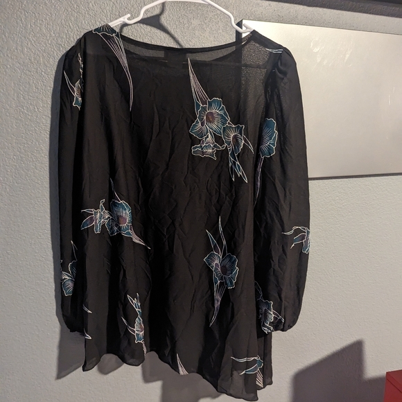 Vintage Sheer Black Blouse w/ Floral Print Barone No Size Tag Assymetric - Picture 1 of 6